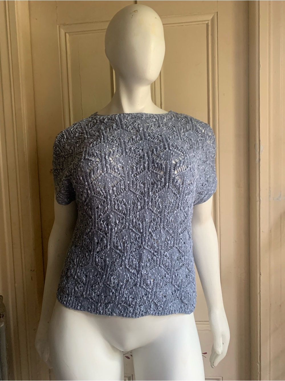 J. Jill Light Blue Textured Short-Sleeve Open Stitch Sweater